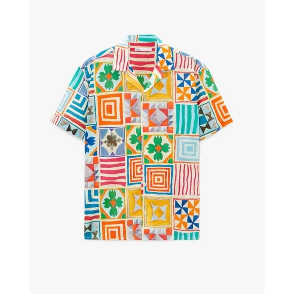 ZARA Multi Color Tile Printed 100% Cotton Short Sleeve Hawaiian Shirt, Size M - Picture 11 of 12